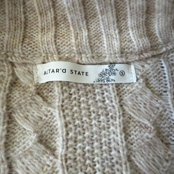 Altar'd State Cream, Oatmeal, Half-Zipped Cable Knit Turtleneck Sweater, Cropped - Picture 4 of 7